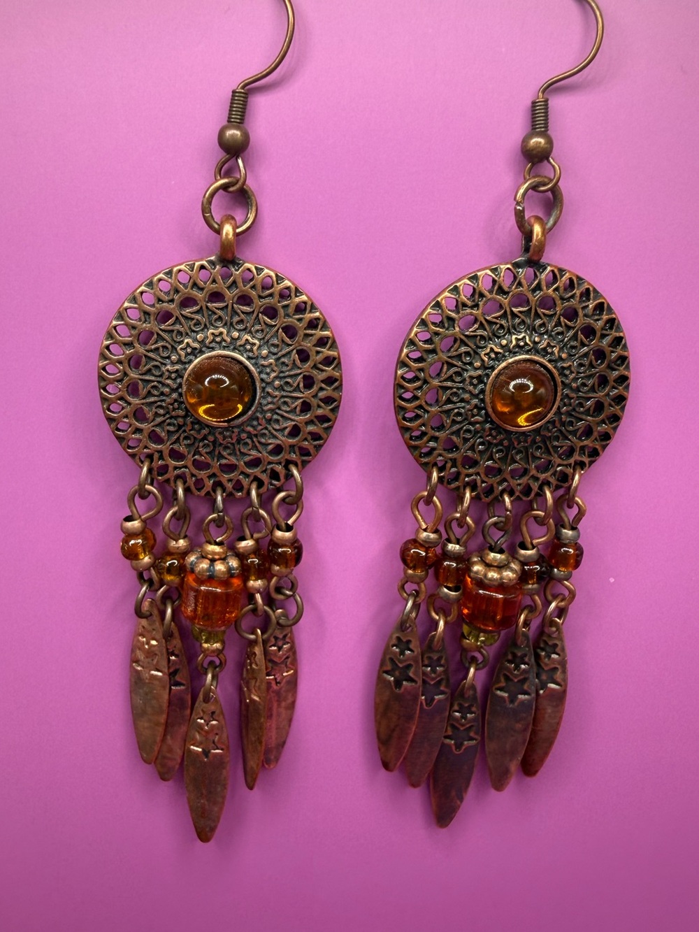 Handcrafted Copper-Tone Filigree Dangle Earrings with Amber Beads